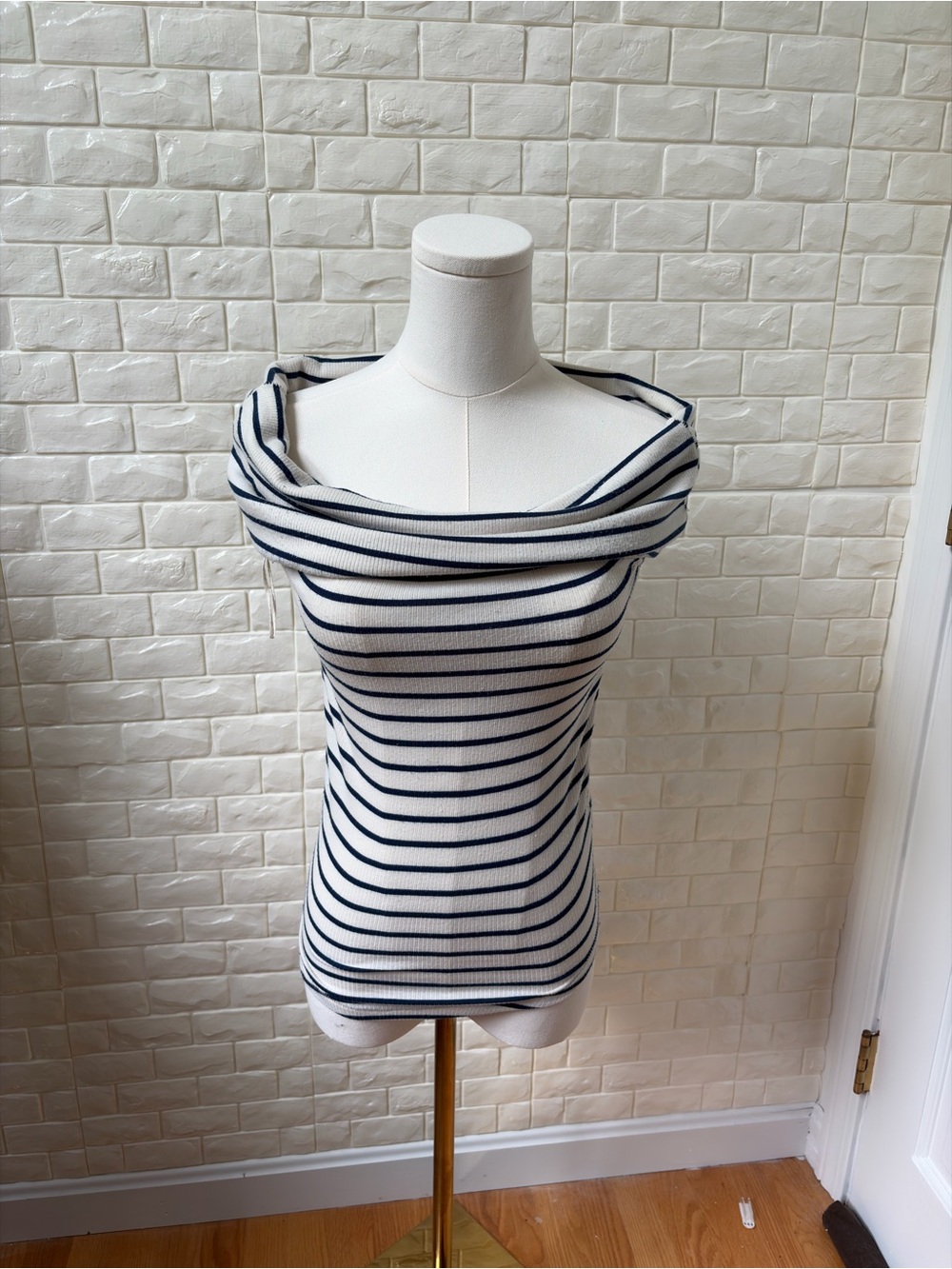 We The Free Off-Shoulder Striped Camisole in White and Navy
